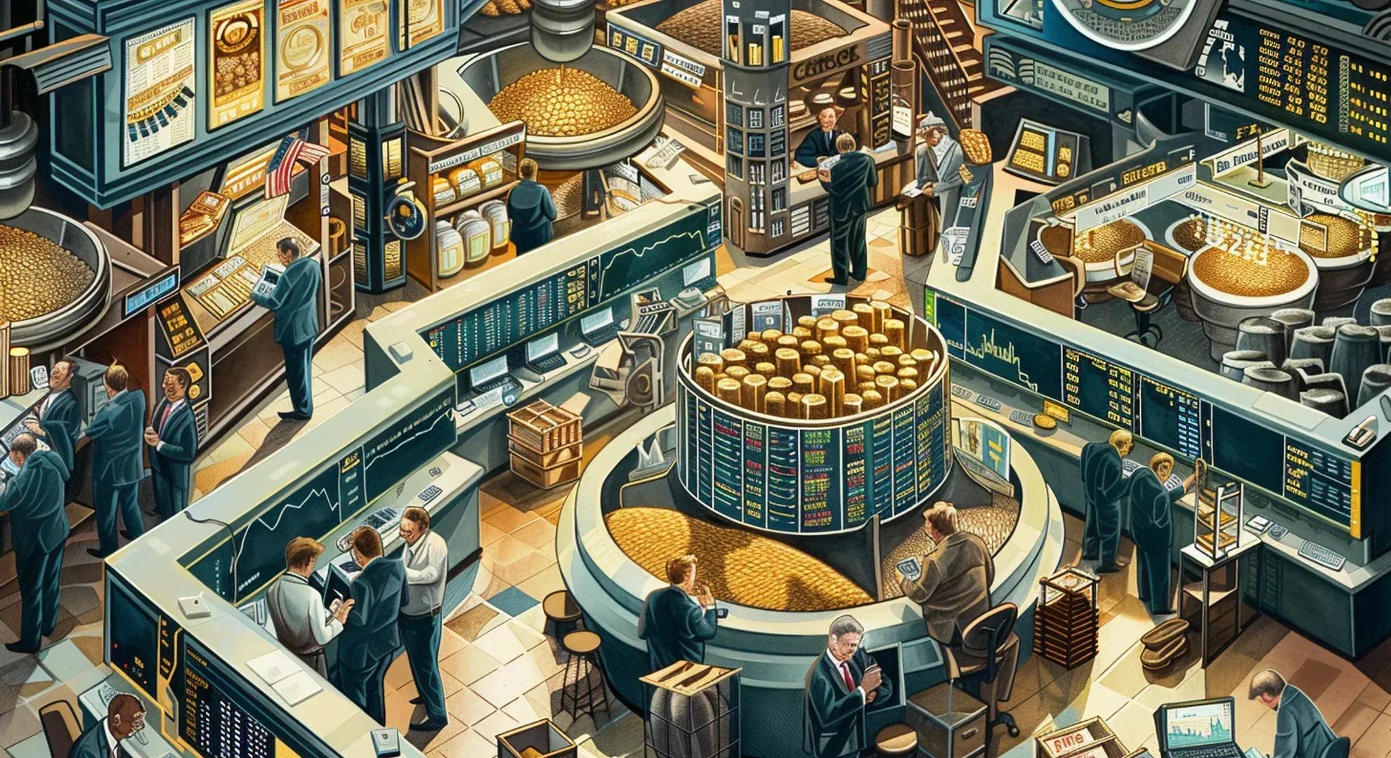 A vivid illustration of a commodities trading floor, with traders analyzing charts and making deals, surrounded by symbols of various commodities like gold, oil, and grains, with a central focus on the exchange of futures contracts for physical assets.