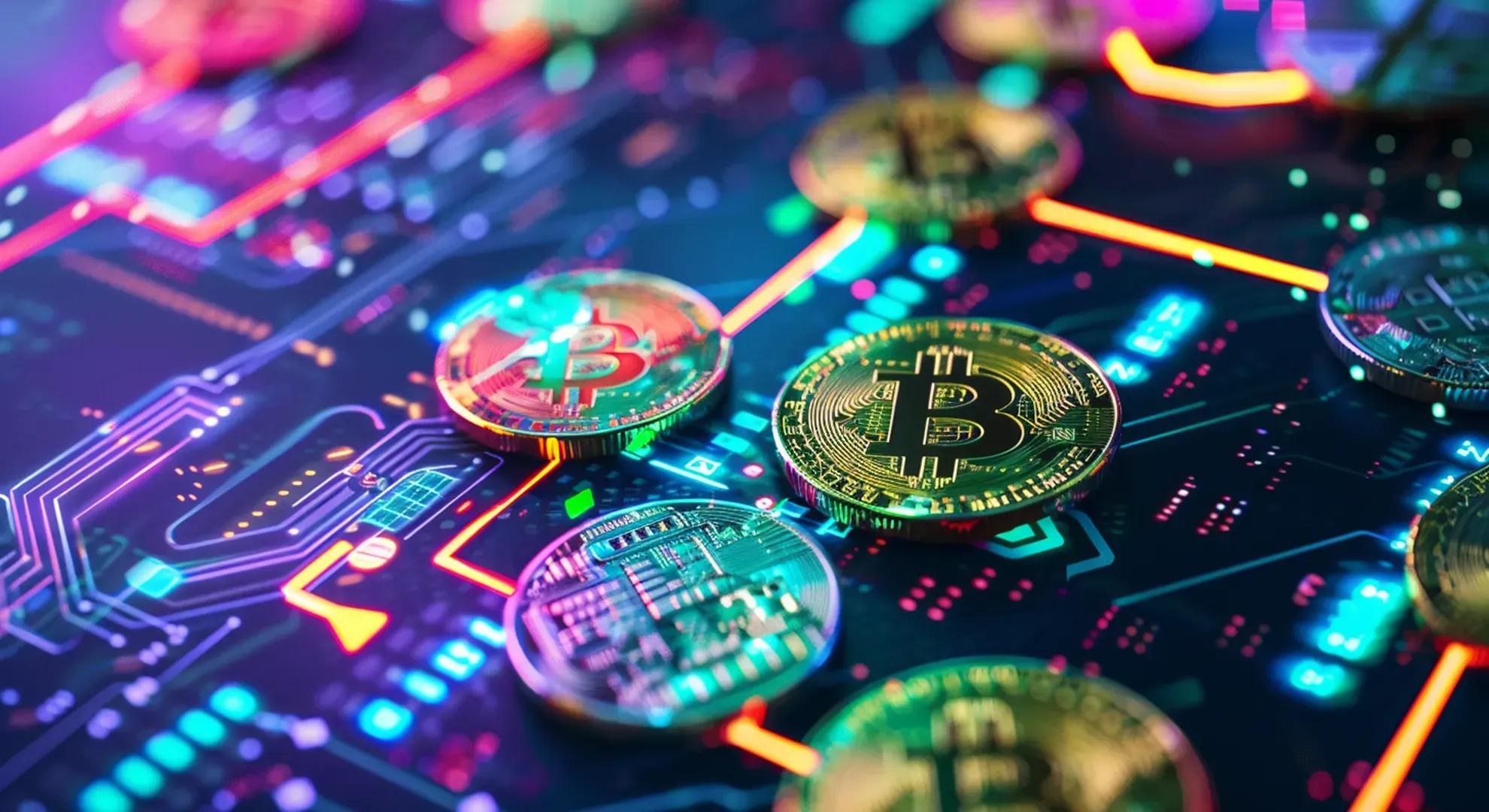 Illustration of cryptocurrency and crypto token concepts, showing digital coins and tokens on a blockchain network background with glowing neon lines and futuristic elements.