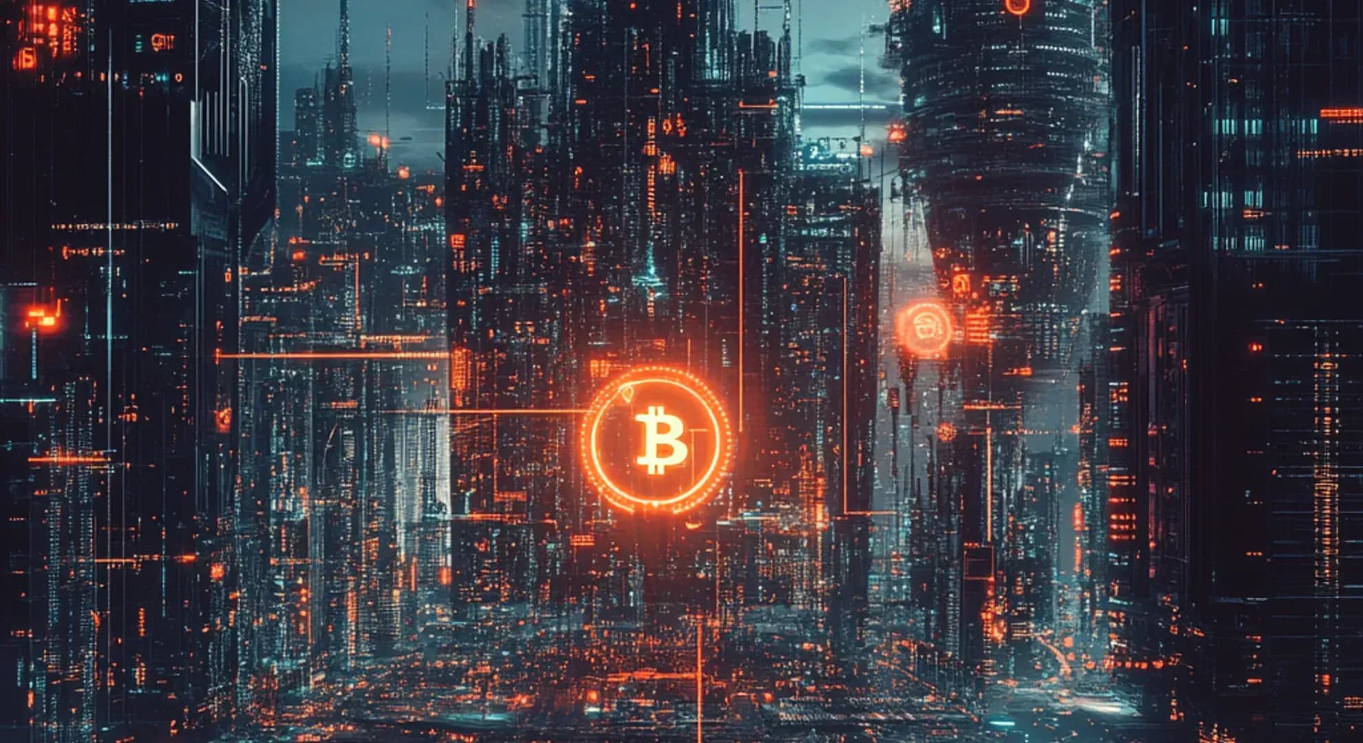 Illustration of a bitcoin and a futuristic city