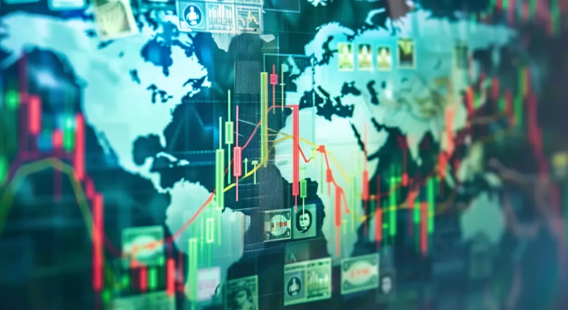 Illustration of global stock market chart with upward trend and diverse currency symbols