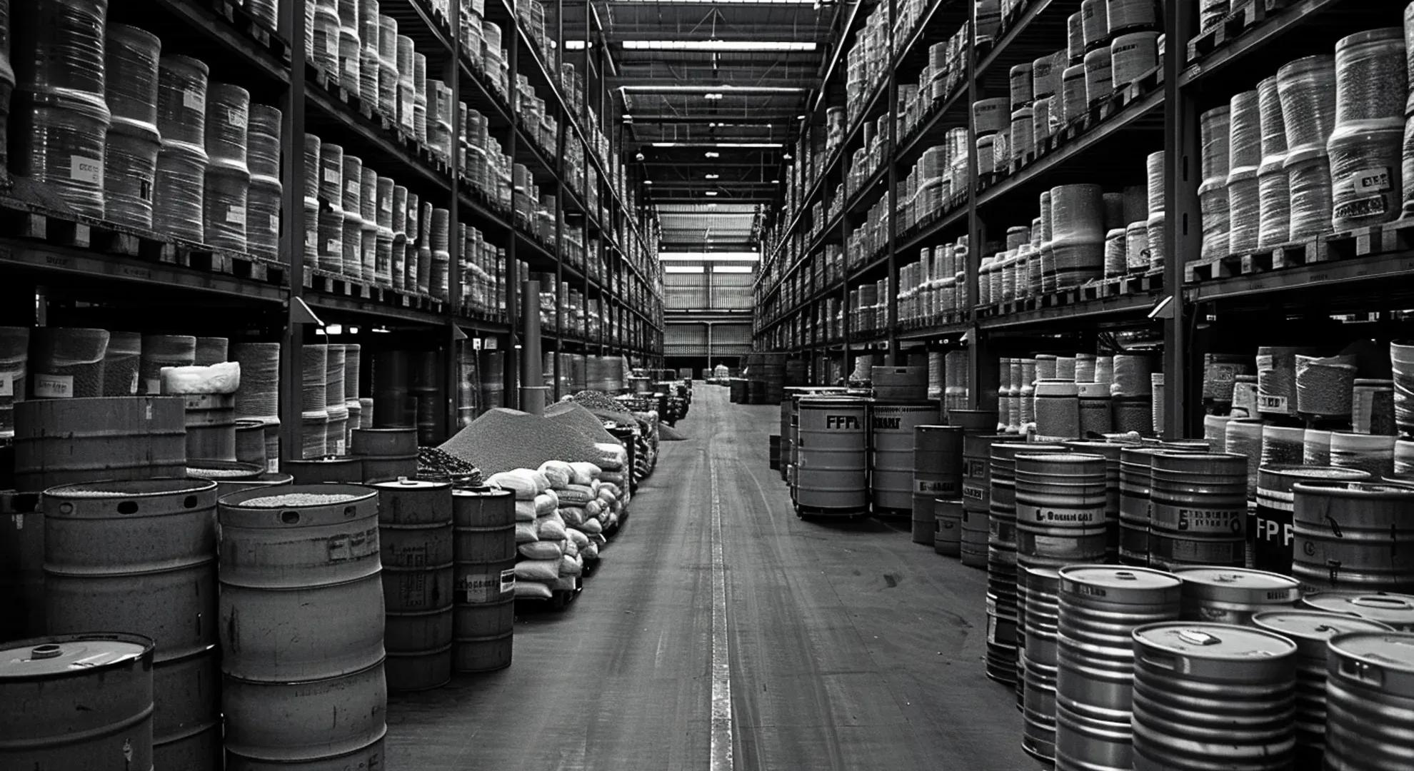 A striking black and white photography of a large industrial warehouse filled with stacks of commodities like grains, metals, and oil barrels, symbolizing the physical assets that can be exchanged through EFPs.