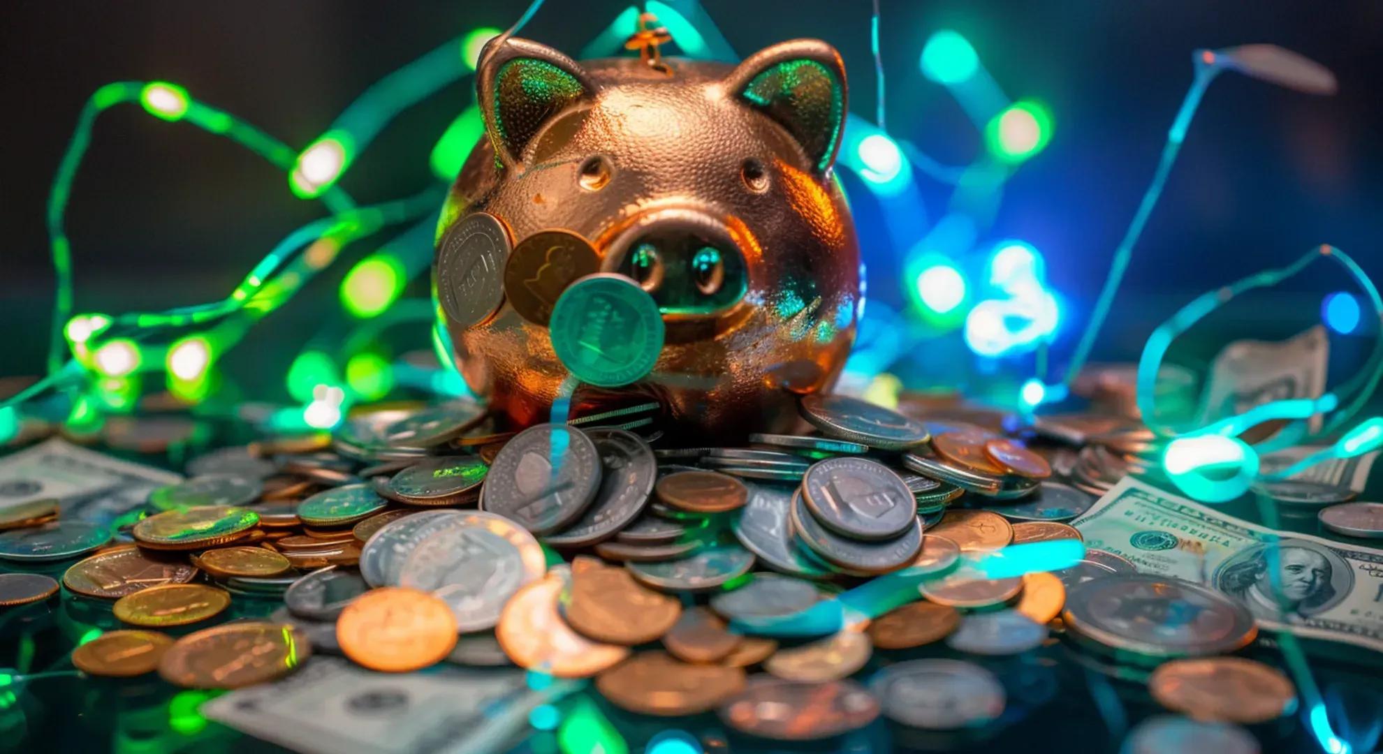 A vivid illustration of a money market account with high-yield interest rates and easy access to funds, symbolized by a piggy bank overflowing with coins and dollar bills, surrounded by a glowing aura of neon green and blue lights.