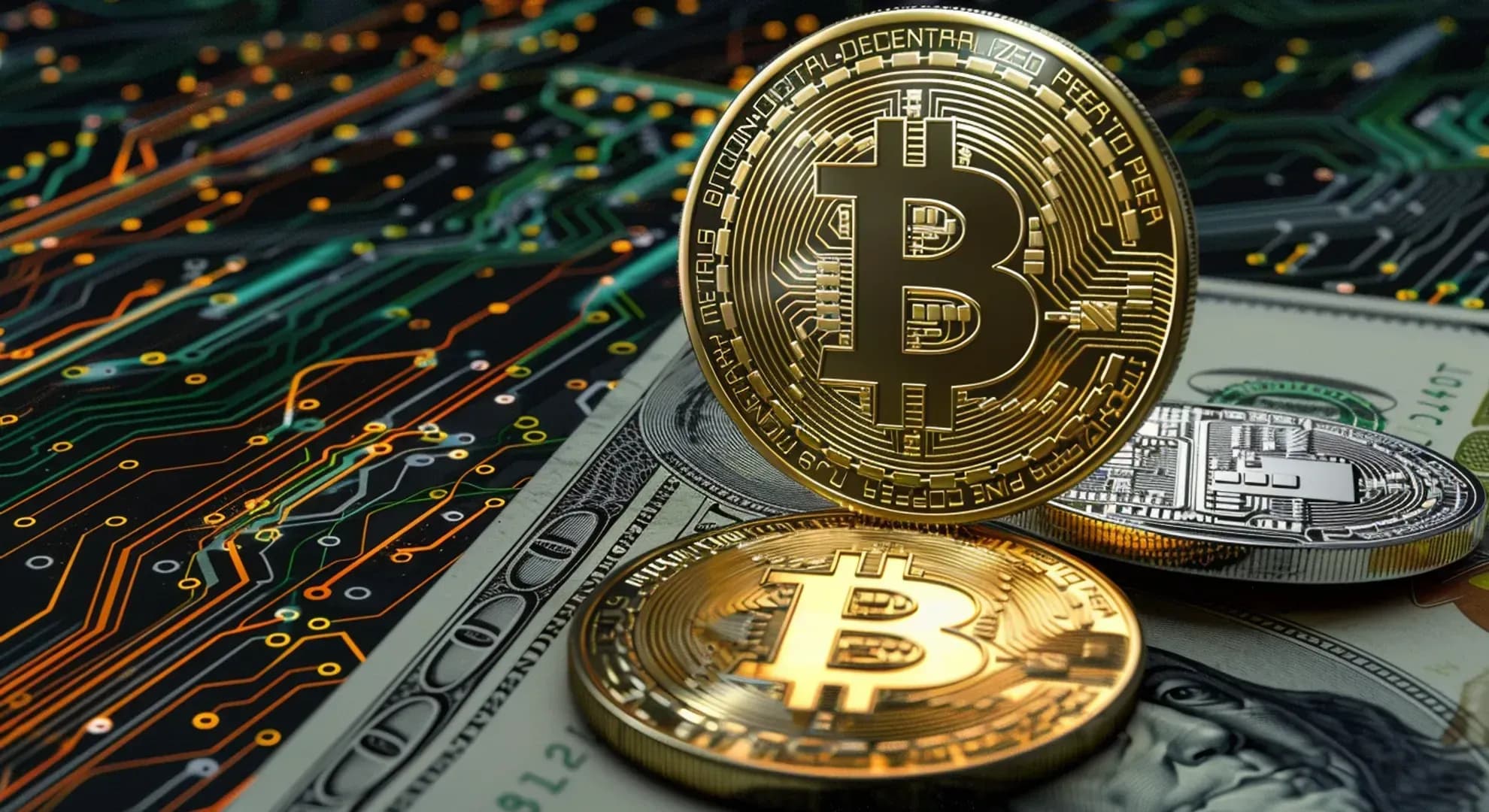 Bitcoin and US dollar symbols on digital background, cryptocurrency concept