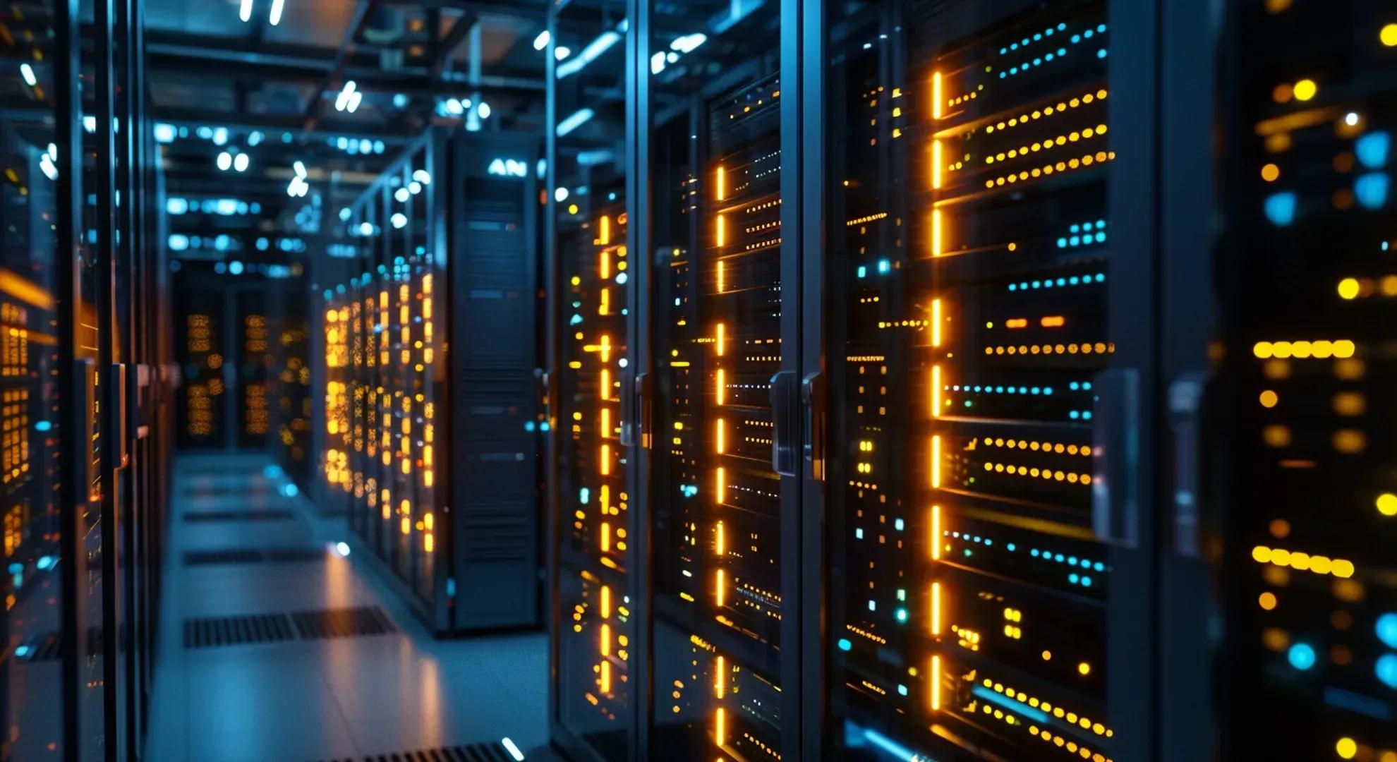 Photography of a modern data center with rows of servers and glowing lights, representing ICE's data solutions