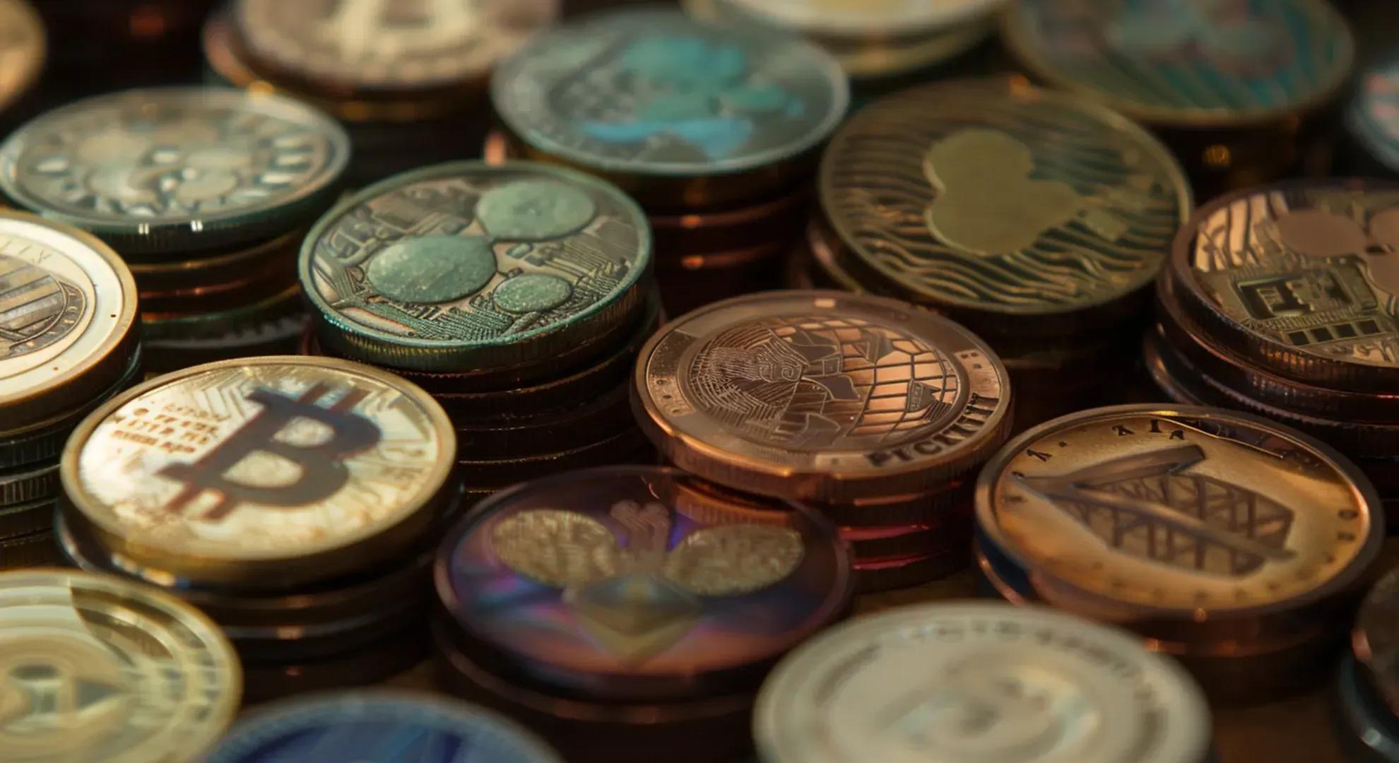 Photography of a diverse collection of altcoins represented as physical coins or tokens, each with unique designs and symbols, showcasing the variety and distinct purposes within the altcoin ecosystem.