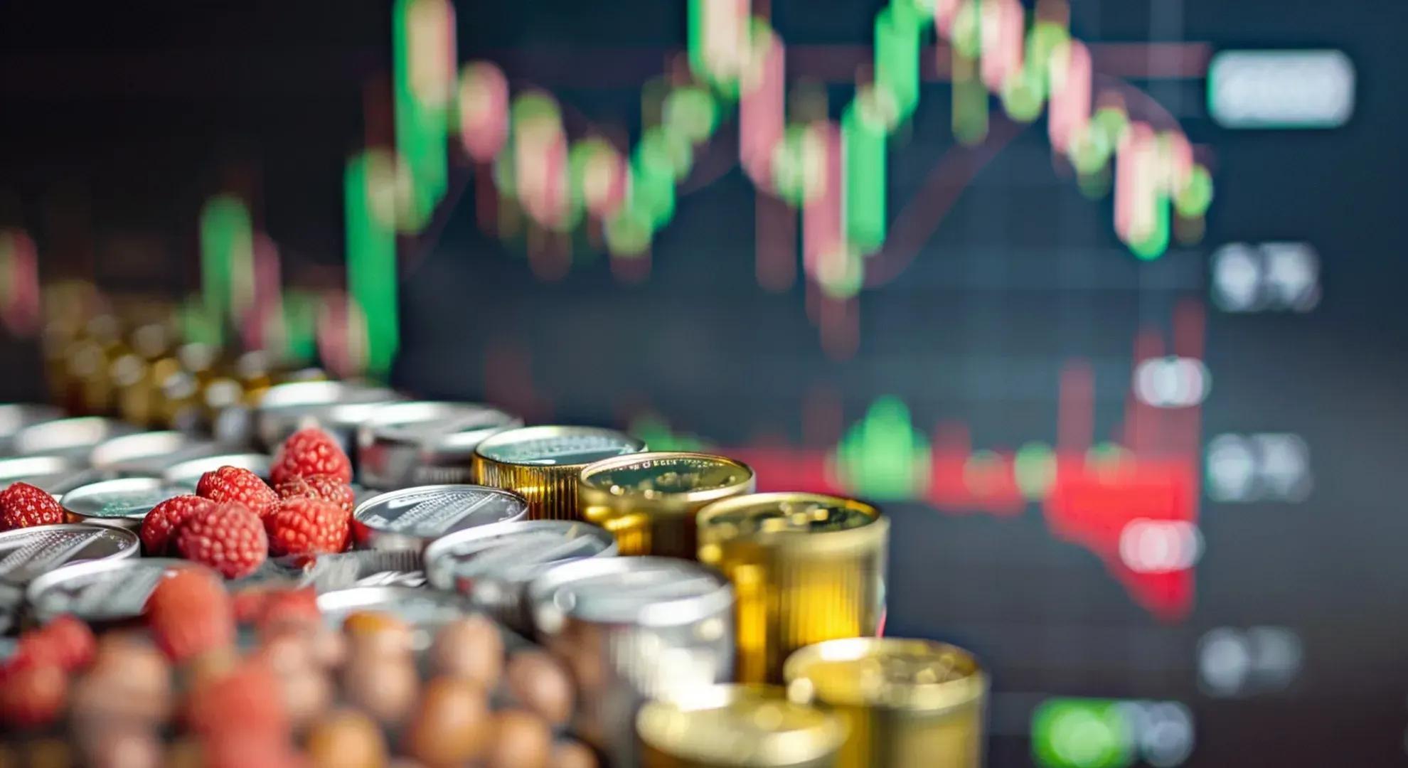 Illustration of a financial chart with commodity prices and ETF prices, with carrying charges represented as weights on the chart.