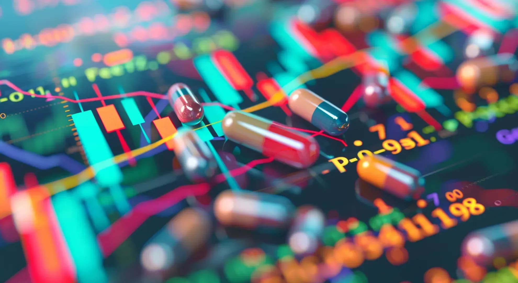 Illustration of stock market graph with weight loss drug icons, vibrant colors