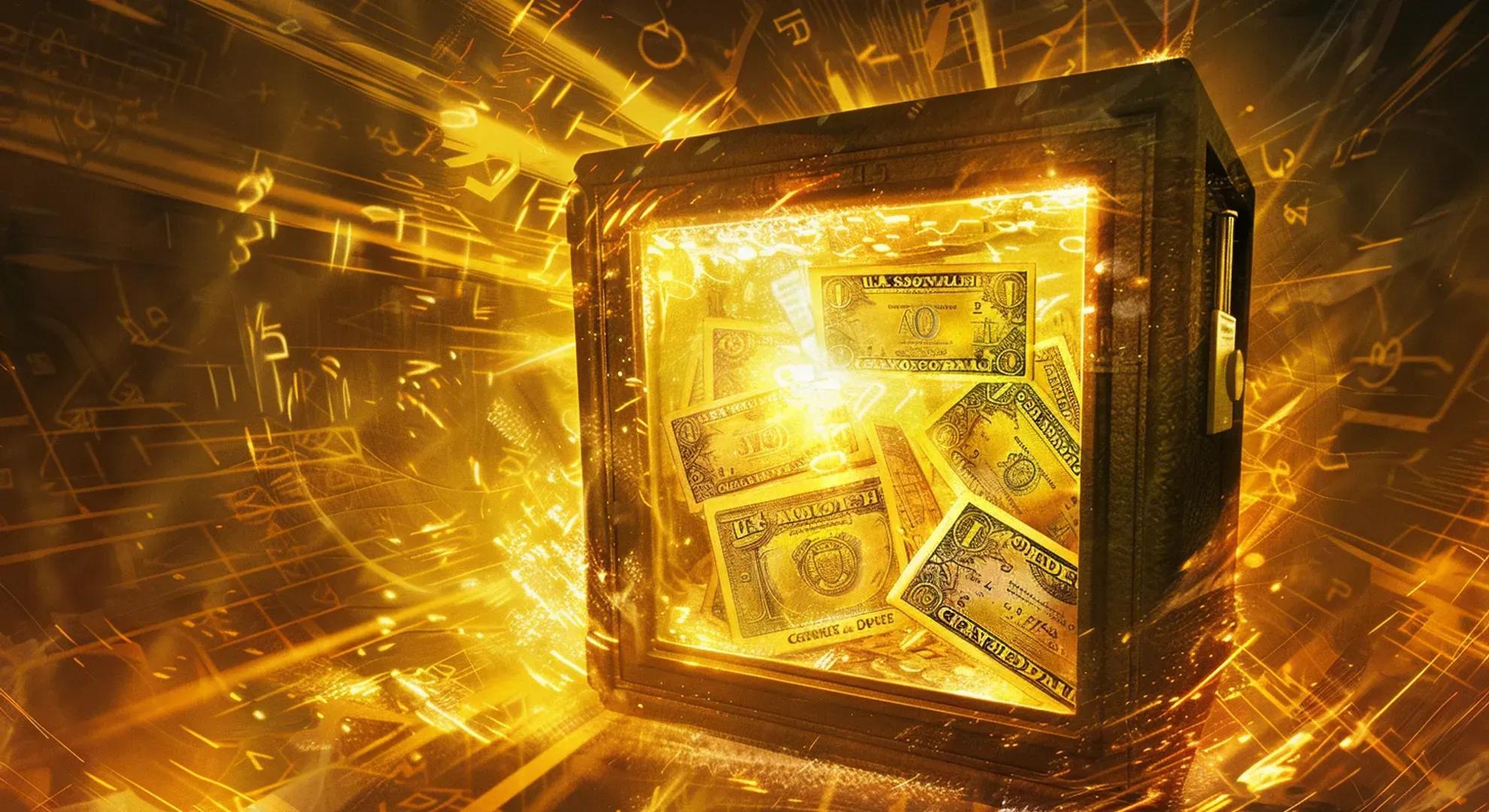 A vivid illustration of a safe with U.S. Savings Bonds and Certificates of Deposit inside, surrounded by a golden glow, symbolizing the safety and security of these investments.