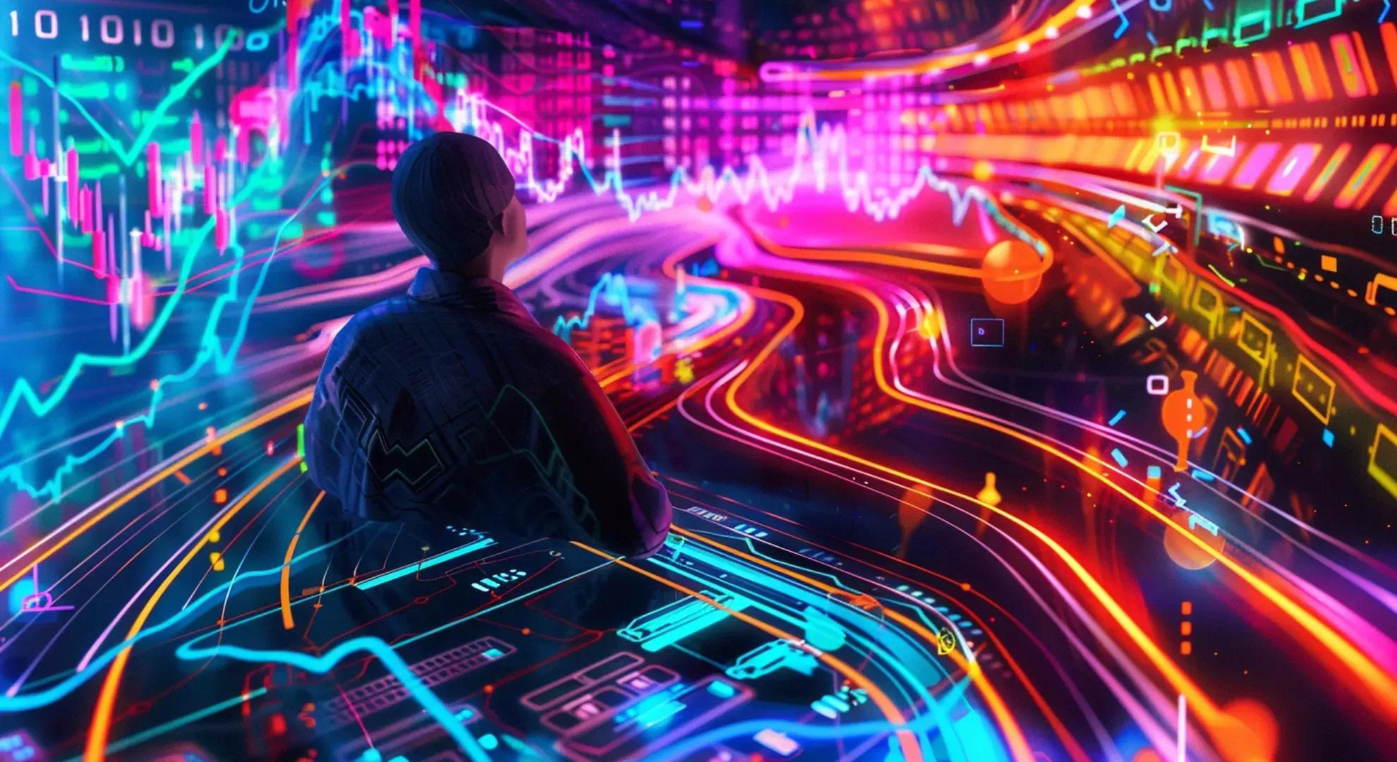 Illustration of a trader navigating a complex financial landscape with options and derivatives contracts represented as abstract shapes and symbols, in a futuristic and vibrant neon color style