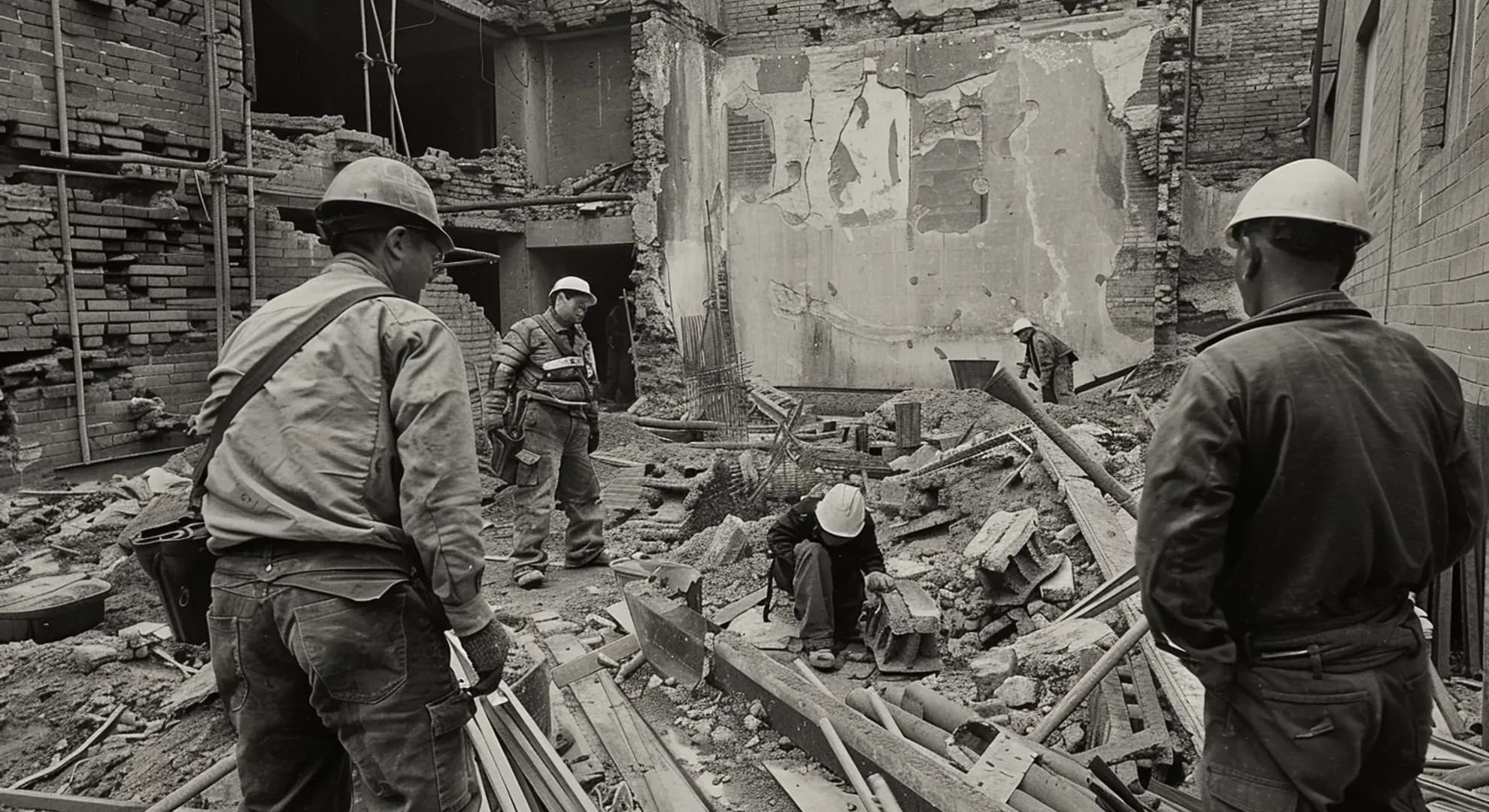 Photography of Chinese construction workers at an unfinished building site