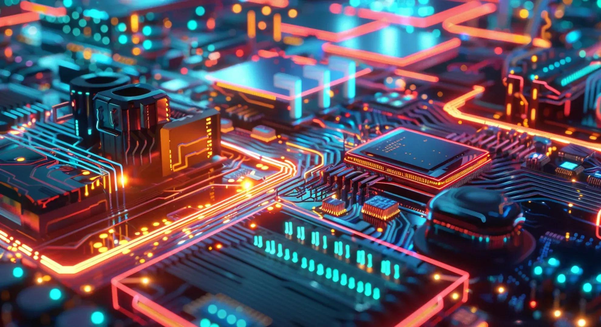 Futuristic illustration of a trillion-dollar semiconductor company, with glowing neon lights and advanced chip technology