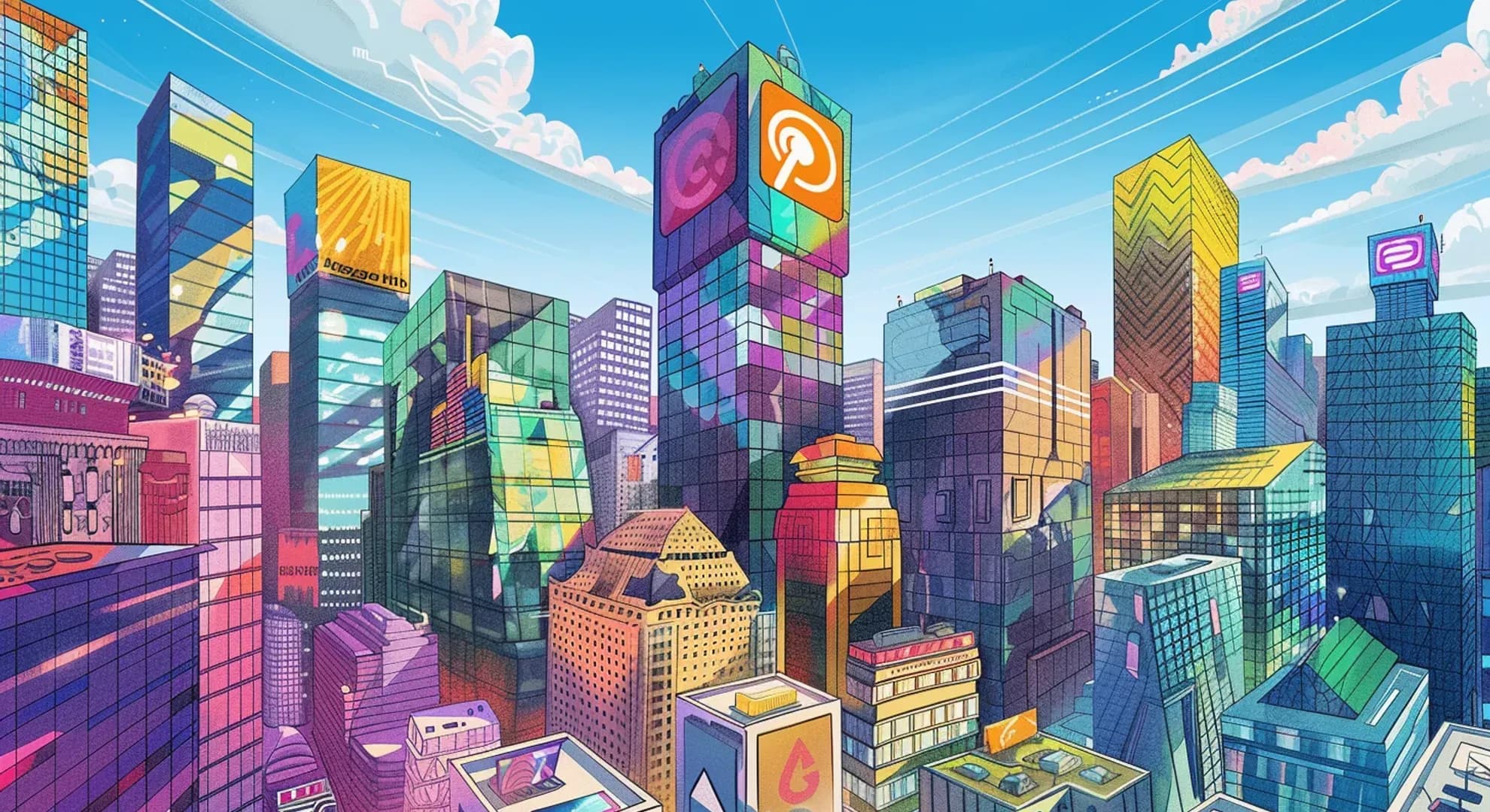 Illustration of tech giants logos towering over cityscape, vibrant colors